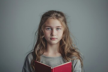 Young girl posing with book on grey background.