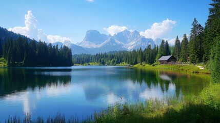 Serene Alpine Lake with Cabin and Mountains
