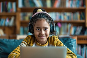 Smiling biracial teenage girl wearing headphones and talking over laptop during online lecture
