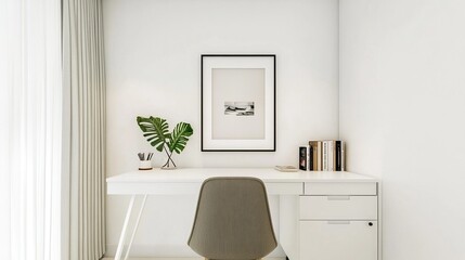 Minimalist white desk with chair and framed photo on wall, elegant simple office decor, natural light, neutral colors, professional photography style, clean composition, modern workspace