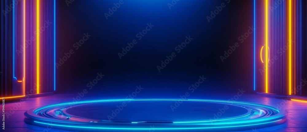 Poster a vibrant digital background featuring neon lights and circular patterns, perfect for showcasing mod