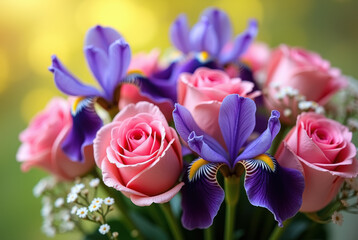 A bouquet of flowers with pink roses and purple irises © Limanou Mikael