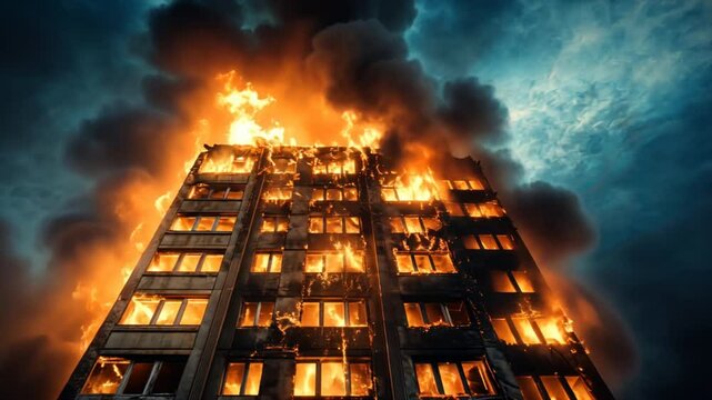 Flames engulf a tall building in a city, with firefighters working urgently to control the blaze.