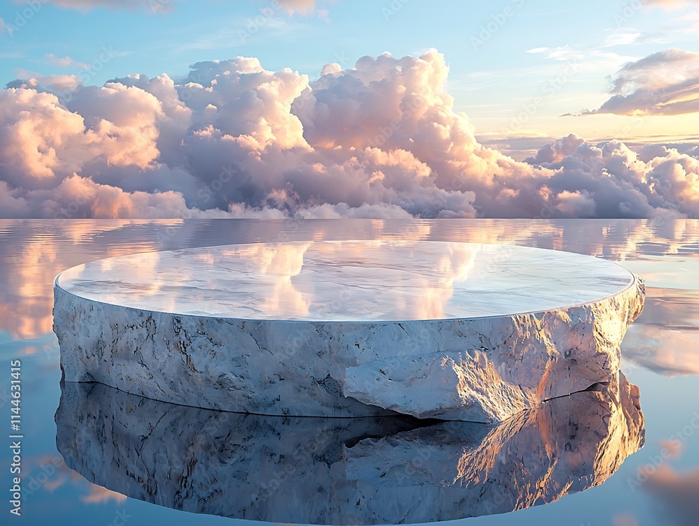 Poster floating podium reflecting serene sky and clouds ethereal backdrop for product display