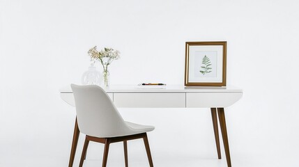 Minimalist white desk with chair and framed photo on wall, elegant simple office decor, natural light, neutral colors, professional photography style, clean composition, modern workspace