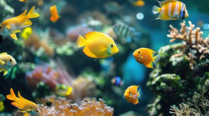 Vibrant underwater world with colorful aquarium fish swimming gracefully in coral habitat. Generative AI