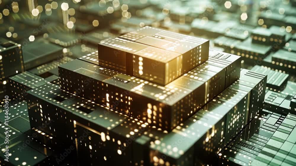 Poster glowing pyramid growing on futuristic circuit board is representing data science, big data, machine 