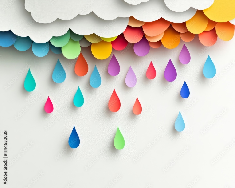 Poster a vibrant paper art representation of colorful raindrops falling from clouds, creating a cheerful an