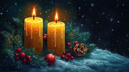 Christmas Candles and Holly sprig decorations holiday illustration