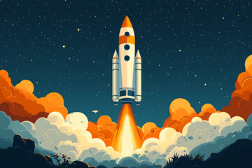 Obraz premium A flat art illustration of a rocket with a sleek and minimalist design, highlighting modern aesthetics and simplicity.