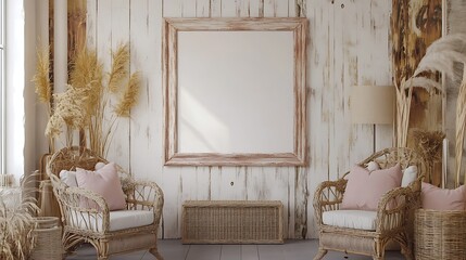 Bohemian Chic Interior: Blank Canvas Mockup in a Rustic Room. AI Generated