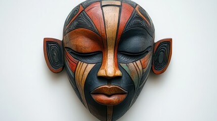 Naklejka premium An intricately carved wooden mask features distinct patterns and vibrant hues, set against a stark white backdrop for striking effect.