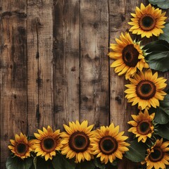 Obraz premium Bright sunflowers arranged in a circular pattern against a rustic wooden background create a cheerful and