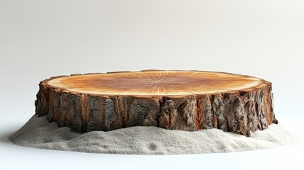 A wooden stump stage on sand, isolated on a white background, featuring a simple and clean product display setting.