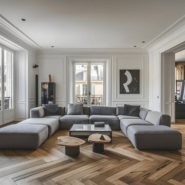 Salon moderne avec canap&eacute; modulable gris et parquet en chevrons.