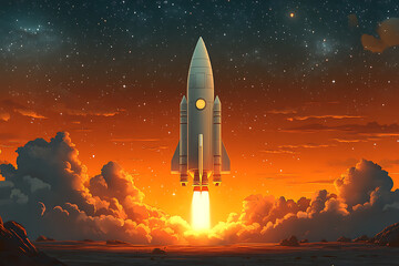 Fototapeta premium A flat art illustration of a rocket with a sleek and minimalist design, highlighting modern aesthetics and simplicity.