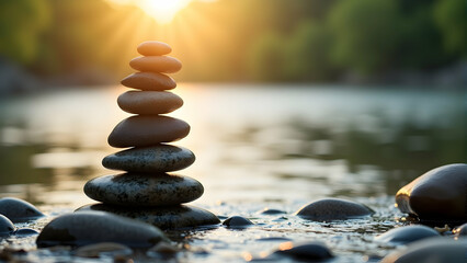 Zen stones balanced by a tranquil river at sunset, radiating peace and serenity.