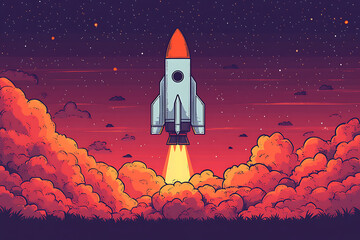 Fototapeta premium A flat art illustration of a rocket with a sleek and minimalist design, highlighting modern aesthetics and simplicity.