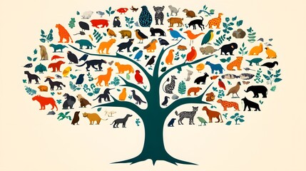 Obraz premium Flat vector design of a tree filled with diverse animal silhouettes and leaves, symbolizing biodiversity for World Wildlife Day