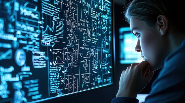 A focused individual analyzes complex data displayed on a digital screen, surrounded by intricate graphs and equations.
