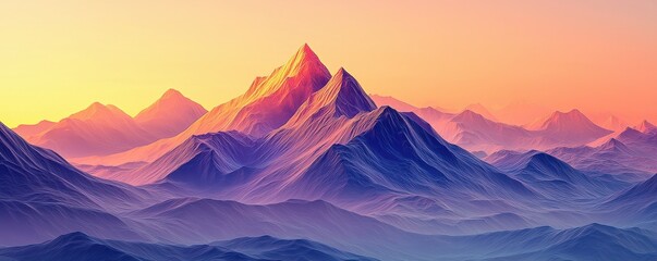 Abstract digital artwork of colorful layered mountains at sunrise