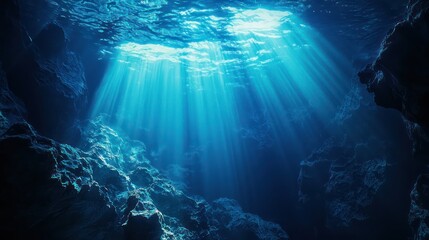 Fototapeta premium Mystical Underwater Abyss with Deep Blue Waters Illuminated by Sunlight