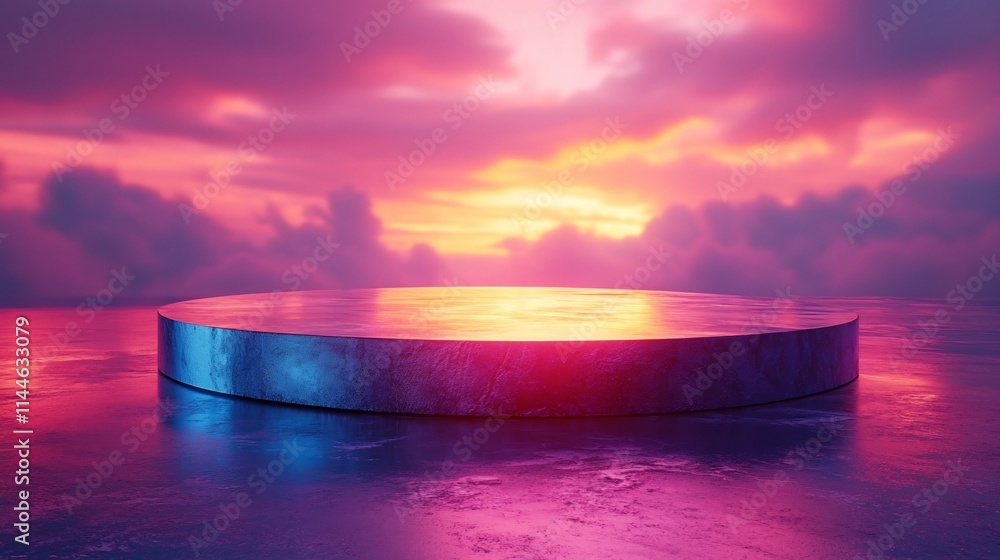 Poster metallic podium with soft gradient lighting and glossy futuristic finish for product display