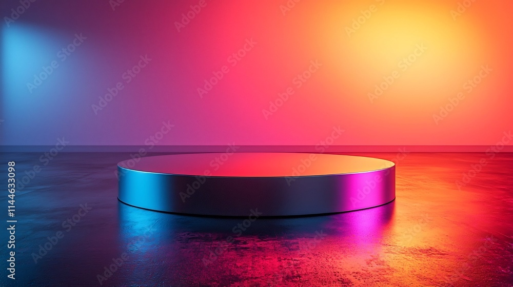 Poster metallic podium with soft gradient lighting and glossy futuristic finish for product display