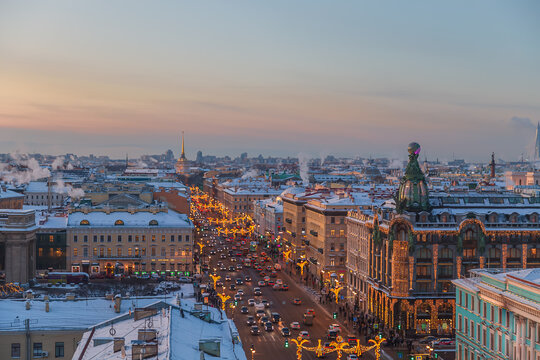 Aerial view of festively decorated Nevsky Prospect and the House of Books from the Dumskaya Tower.