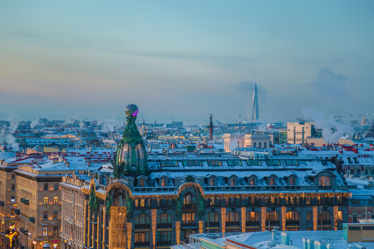 Aerial view of festively decorated Nevsky Prospect and the House of Books from the Dumskaya Tower.