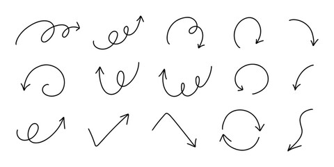 ベクターのシンプルな細いペンの手書きの矢印セット 白黒