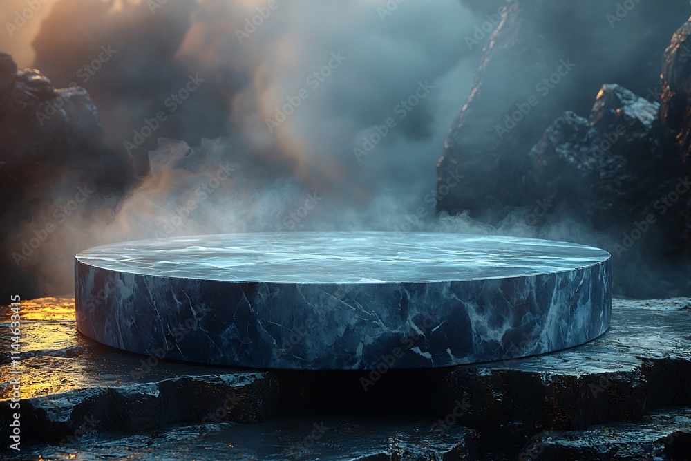 Poster floating marble pedestal in misty mysterious environment for upscale product display concept