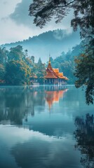 Obraz premium Stunning view of a floating Buddhist temple reflected in the calm waters of a lake surrounded by misty mountains and lush autumn foliage