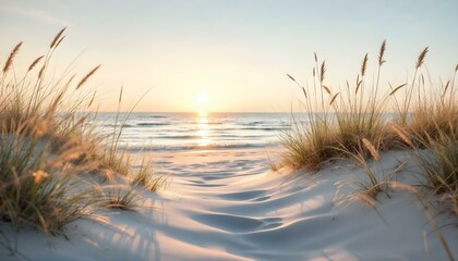 A tranquil beach scene at sunrise, with soft white sand dunes framed by tall, delicate beach grass.