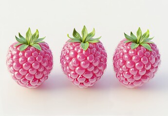 Three vibrant pink raspberries arranged in a row on a light background showcasing their texture and freshness