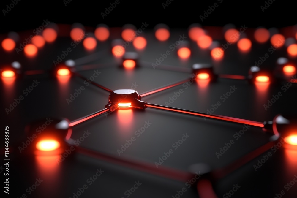 Poster abstract close-up of a network of illuminated nodes with red lights, symbolizing digital connections