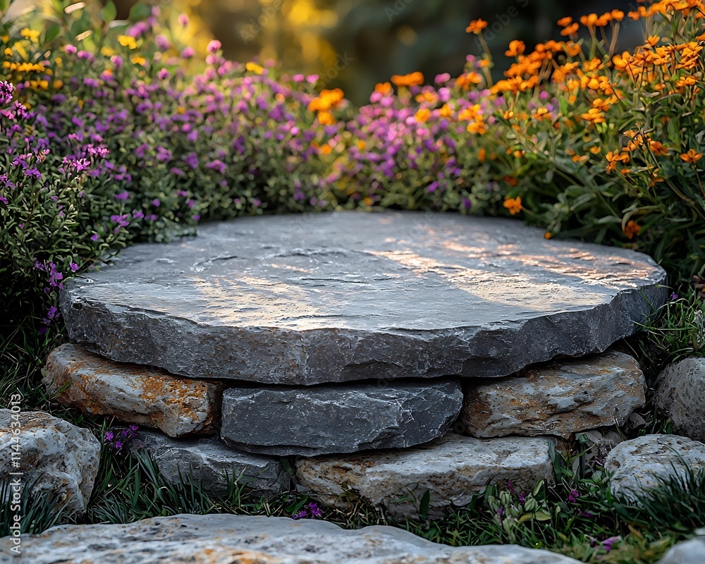 Wall mural Rustic Stone Podium Surrounded by Vibrant Wildflowers in Natural Outdoor Setting for Product Display