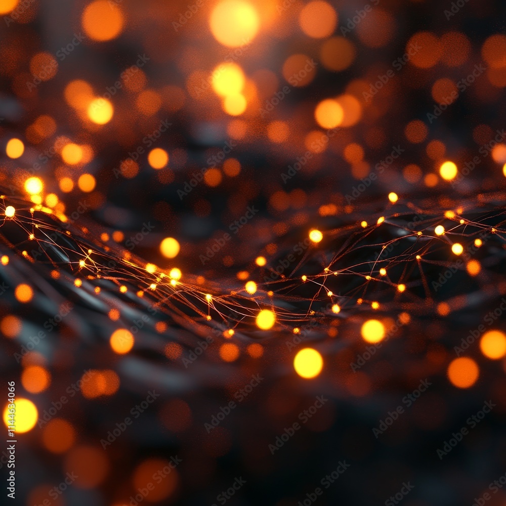 Poster abstract representation of technology with glowing orange lights forming a network of connections, s