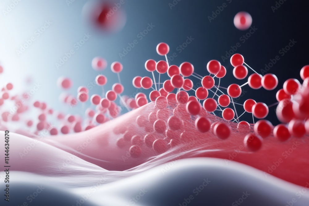 Poster abstract representation of molecules and fluids, showcasing a dynamic composition of red particles f