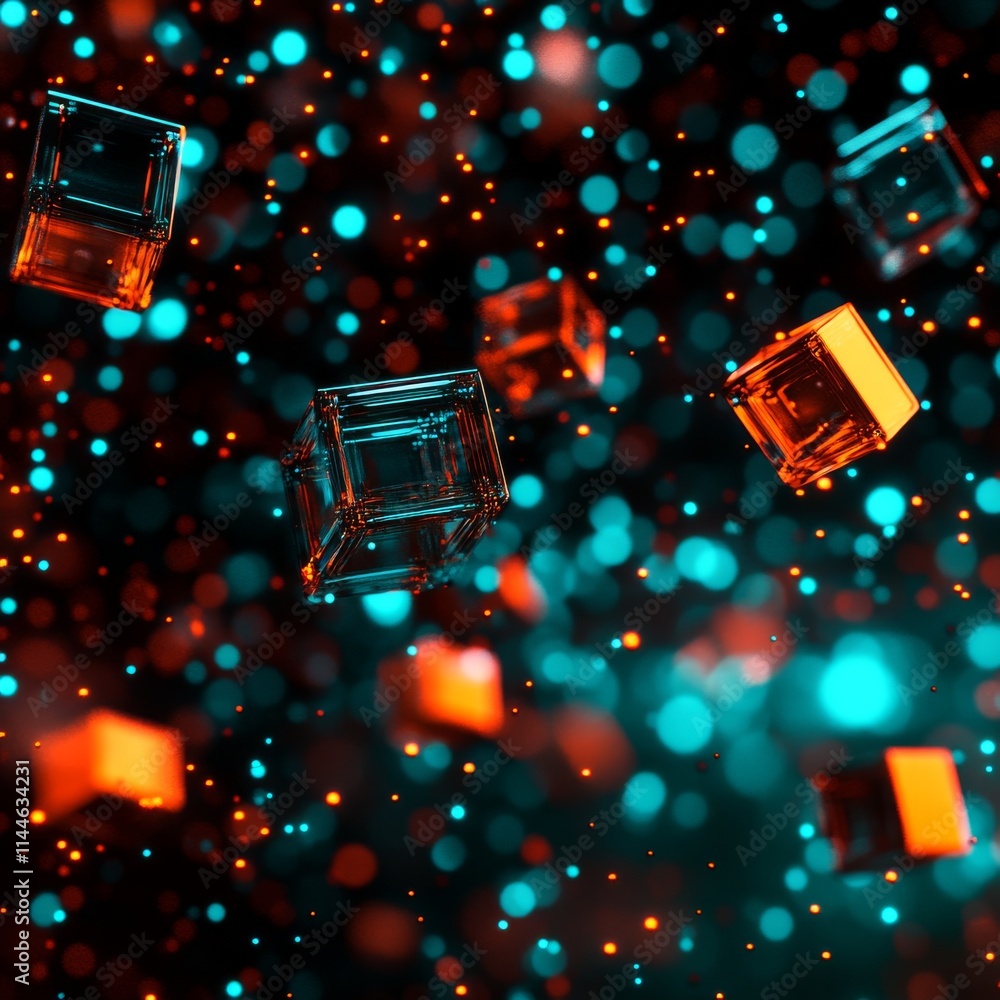 Poster an abstract composition featuring floating geometric shapes amidst vibrant, glowing particles in sha
