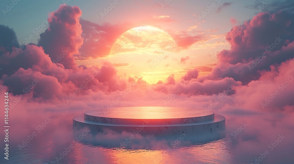 Poster floating circular podium with soft cloud background in dream like sunset setting for product display