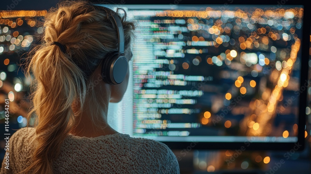 Poster person coding with a city skyline in the background.