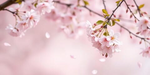 Obraz premium Pink sakura petals gently falling against a soft pastel background, Japanese, floral, pink