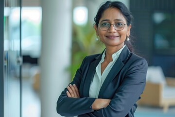 Happy Indian businesswoman in modern office  exuding confidence.