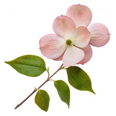 Obraz premium Studio shot of a flowering dogwood branch with pale pink petals and green leaves, isolated on white with full depth of field
