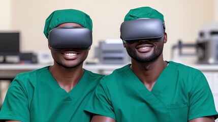 Two smiling healthcare professionals wearing virtual reality headsets, dressed in green scrubs, showcasing the integration of technology in medical training.