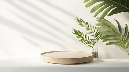 Round wood mockup platform in white space wide shot. AI Generated