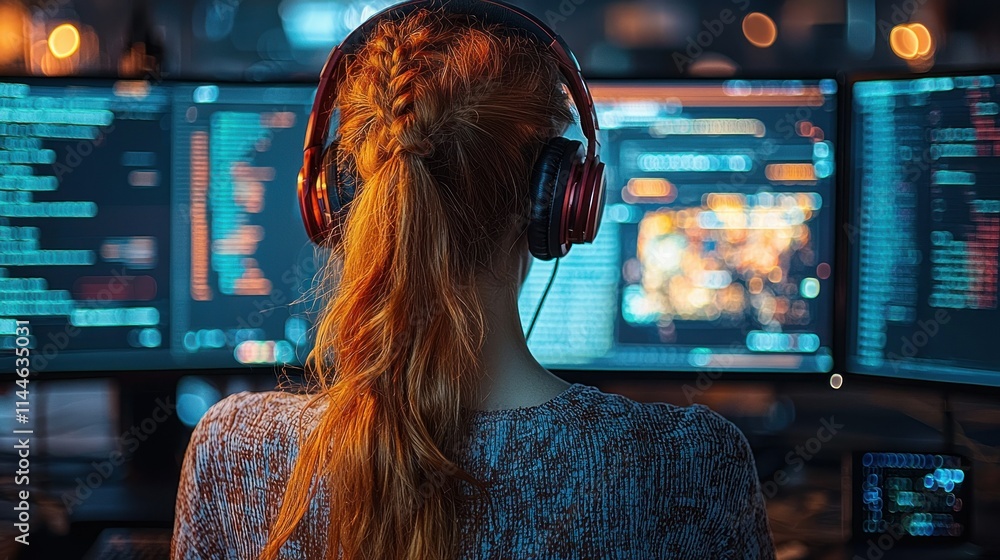 Aufkleber person working on computers with headphones in a tech setting.