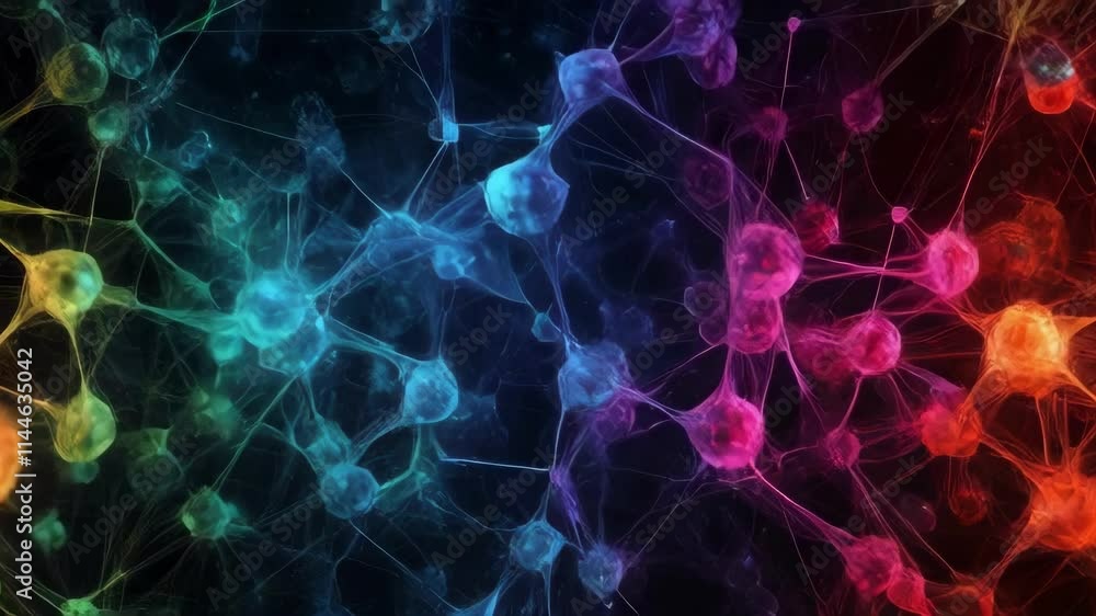 Aufkleber vibrant neuron network with colorful connections pulsing and interacting on a dark background. ideal