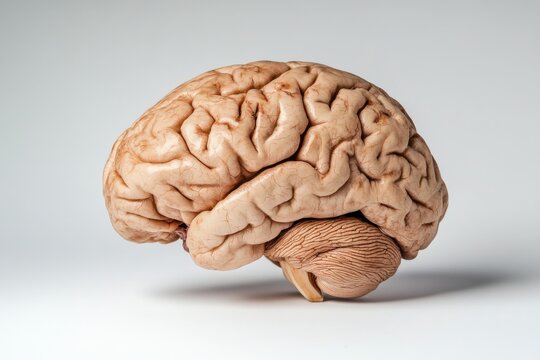 An anatomical representation of a human brain showcasing intricate details and texture. Ideal for educational and medical purposes.
